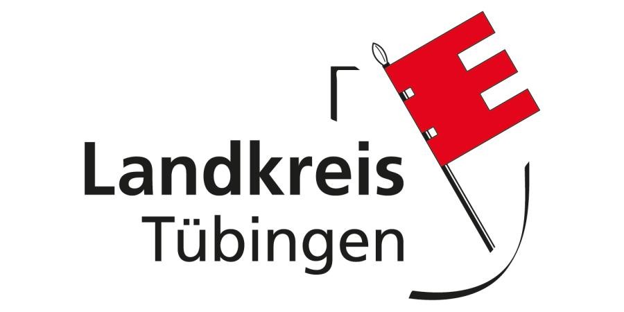Das Logo vom Landkreis Tübingen: Landkreis Tübingen als Schrift und daneben ein Symbol mit einer roten Fahne.