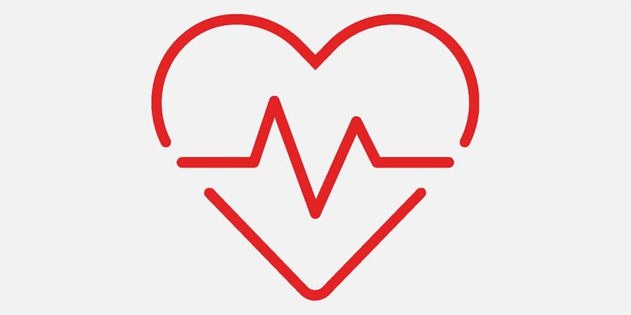 Symbol für Gesundheit als Linienzeichnung: Herz mit eingeschriebener Herzfrequenzlinie