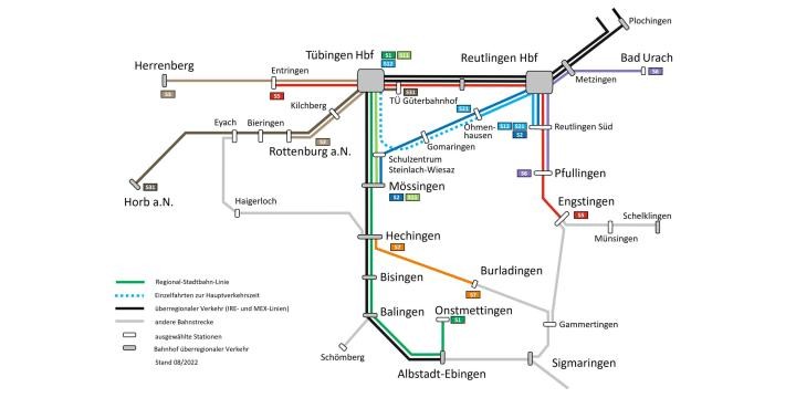 Zeichnung mit den Linien und Haltepunkten der Regiona-Stadtbahn Neckar-Alb