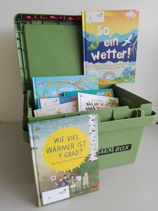 Kiste zum Aufklappen, gefüllt mit Büchern zum Thema Klima