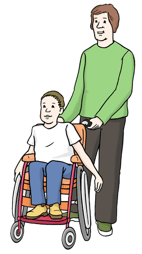 Ein Vater mit seinem Kind. Das Kind ist im Rollstuhl.