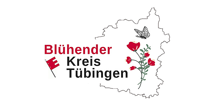 Umriss des Landkreises, darin eine Pflanze und ein Schmetterling als Zeichnung, Beschriftung "Blühender Kreis Tübingen", daneben als Element aus dem Logo des Landkreises die dreilatzige Fahne des