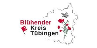 Logo mit Beschriftung "Blühender Kreis Tübingen", Umriss des Landkreises, darin eine Blume und ein Schmetterling