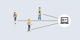 Drei Personen mit Bauhelm und / oder Arbeitskleidung und Unterlagen in den Händen, sie sind durch Verbindungsstriche mit einem Symbol für einen Computer verbunden