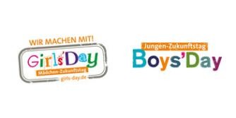 Zwei Logos mit Beschriftung "Wir machen mit! Girls' Day, Mädchen-Zukunftstag" und "Jungen-Zukunftstag Boys' Day'"