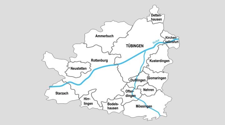 Karte Landkreis Tübingen mit Eintragung der Gebiete der Städte und Gemeinden und dem Verlauf des Neckars und der Steinlach, Linienzeichnung