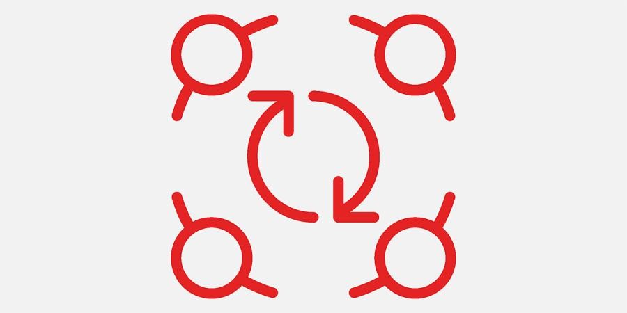 Symbol für Integration als Linienzeichnung: ein äußerer Kreis mit vier als Kreise von oben gesehen dargestellten Figuren mit ausgestreckten Armen, zwei halbkreisförmige Pfeile bilden einen inneren Kreis