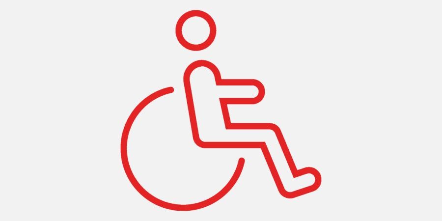 Symbol für Teilhabe als Linienzeichnung: ein Mensch sitzt in einem Rollstuhl