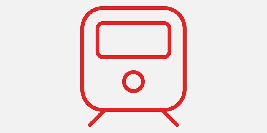 Symbol für Verkehr, Linienzeichnung: ein Zug auf Schienen von vorne, mit Licht und Fenster