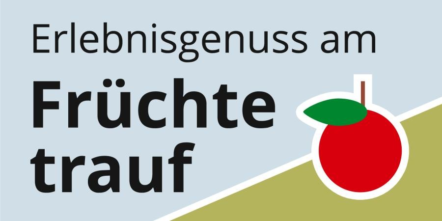 Logo Tourismus im Landkreis Tübingen, Beschriftung "Erlebnisgenuss am Früchtetrauf", Symbol eines Apfels mit Stiel und Blatt