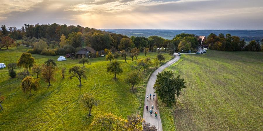 Blick über eine weite Landschaft mit Wiesen, Bäumen, einer Ortschaft und Bergen im Hintergrund, eine Gruppe radelt auf einem Weg durch StreuobstwiesenAlb