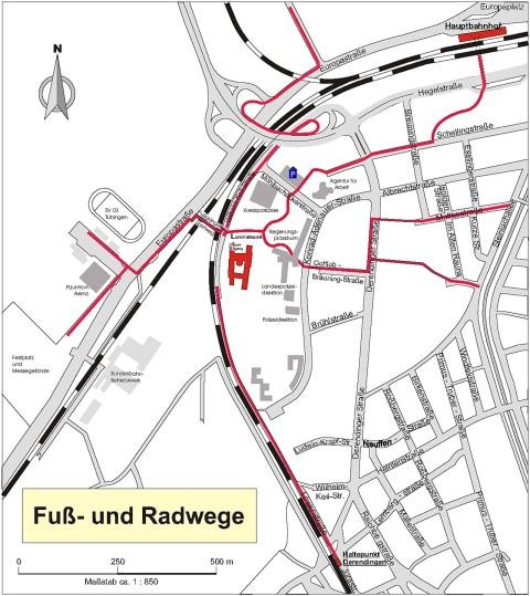 Lageplan Fußwege und Radverbindungen im Bereich des Landratsamts Tübingen