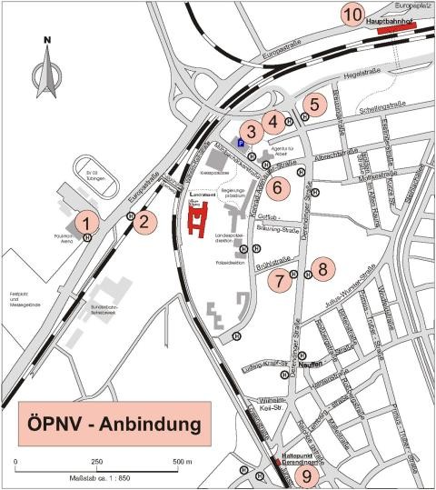Plan mit den Haltestellen im Bereich des Landratsamts Tübingen