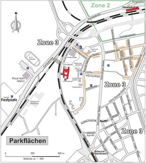 Plan Parkplätze und Parkhaus im Bereich des Landratsamts Tübingen
