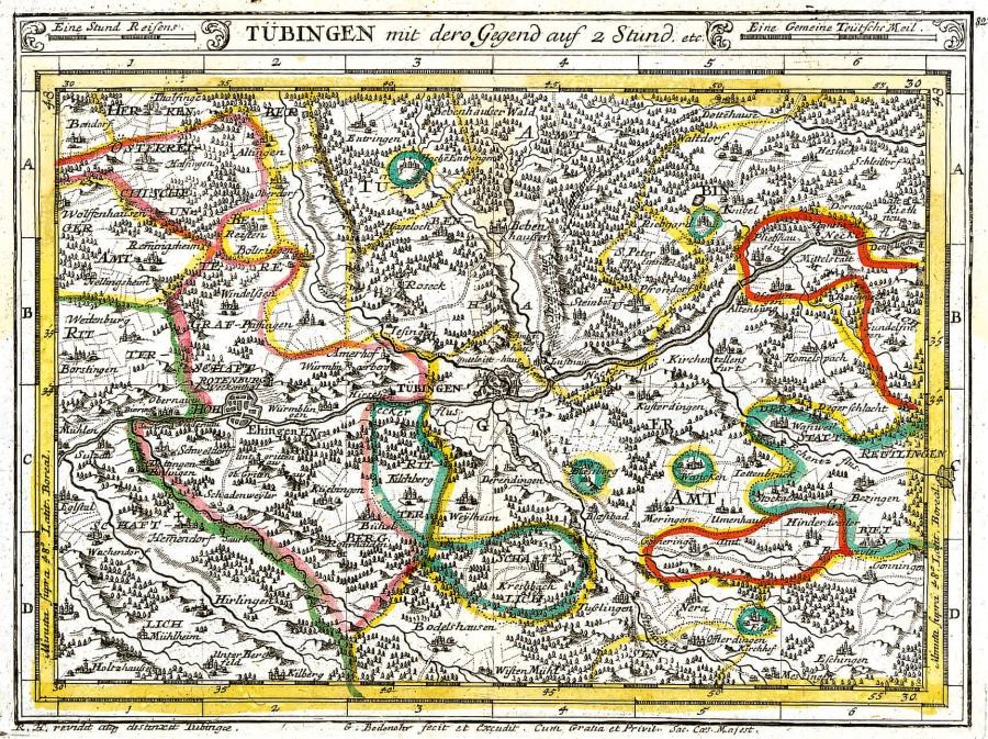 Karte von 1723/24 mit Einzeichnung von territorialen Grenzen auf dem Gebiet des heutigen Landkreises Tübingen