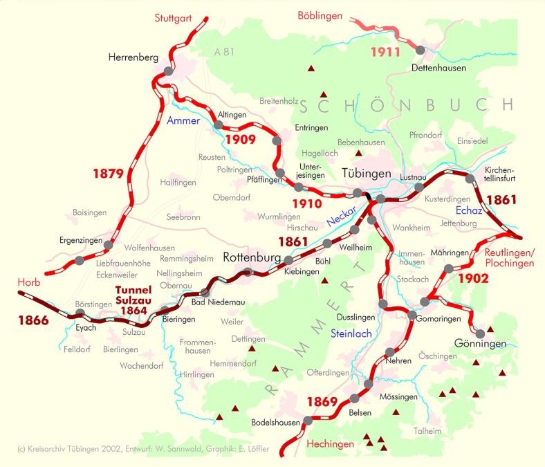 Karte mit Eintragung der Bahnlinien und Bauzeit im Gebiet des Landkreises: Neckartal 1861-1866 mit Tunnel Sulzau 1864, Echaz 1861, Steinlach 1869, Stuttgart über Herrenberg 1879, Wiesaz ab Gönningen, Gomaringen über die Härten mit Mähringen nach Reutlingen 1902, Ammertal 1909/10, Schönbuch ab Dettenhausen 1911,