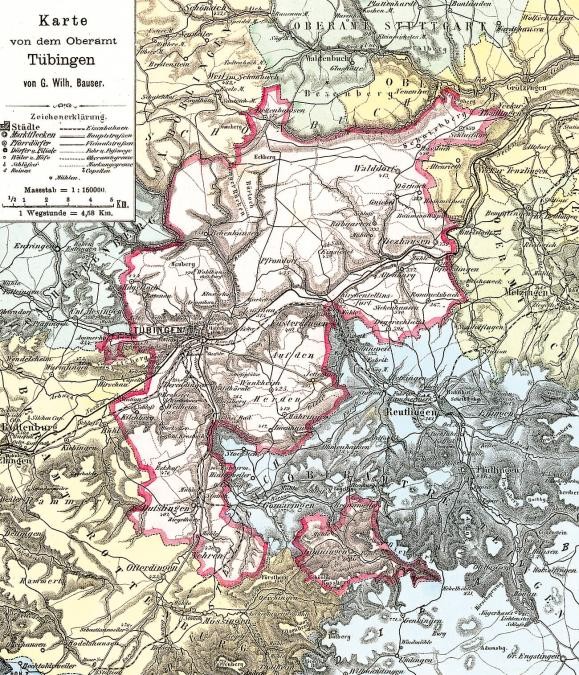 Historische Karte mit Eintragung des Oberamts Tübingen und benachbarter Oberämter, Beschriftung: "Karte von dem Oberamt Tübingen von G. Wilh. Bauser"