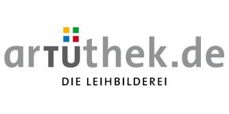 Logo mit Beschriftung "arTüthek.de, Die Leihbilderei. Über dem ü ist eine Grafik mit vier kleinen Quadraten als Quadrat angeordnet