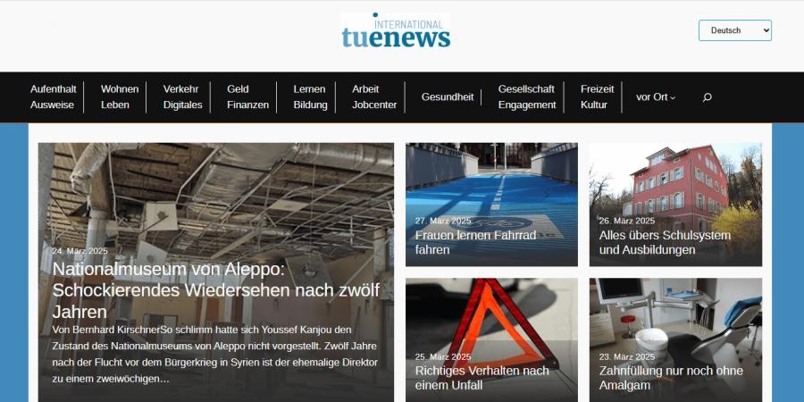 Oberer Teil der Startseite von tuenews.de, mit Vorschau mehrerer Artikel und Elementen der Hauptnavigation
