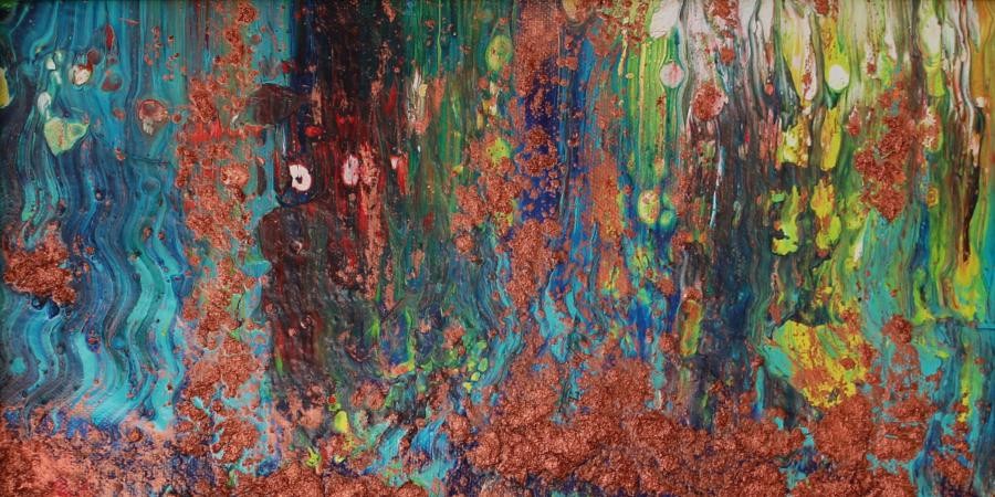 Link zur Rubrik Ausstellungen, Kulturveranstaltungen: Ausschnitt aus einem abstrakten Gemälde, mit teil plastischem Auftrag der Farben und Materialien