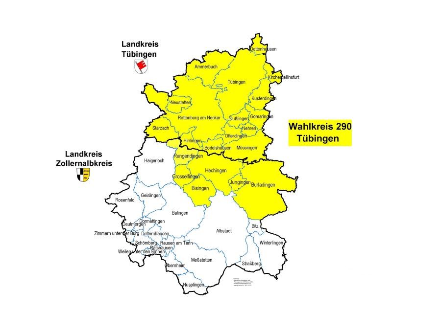 Karten mit Gebieten der zugehörigen Gemeinden, Beschriftung "Wahlkreis 290 Tübingen"