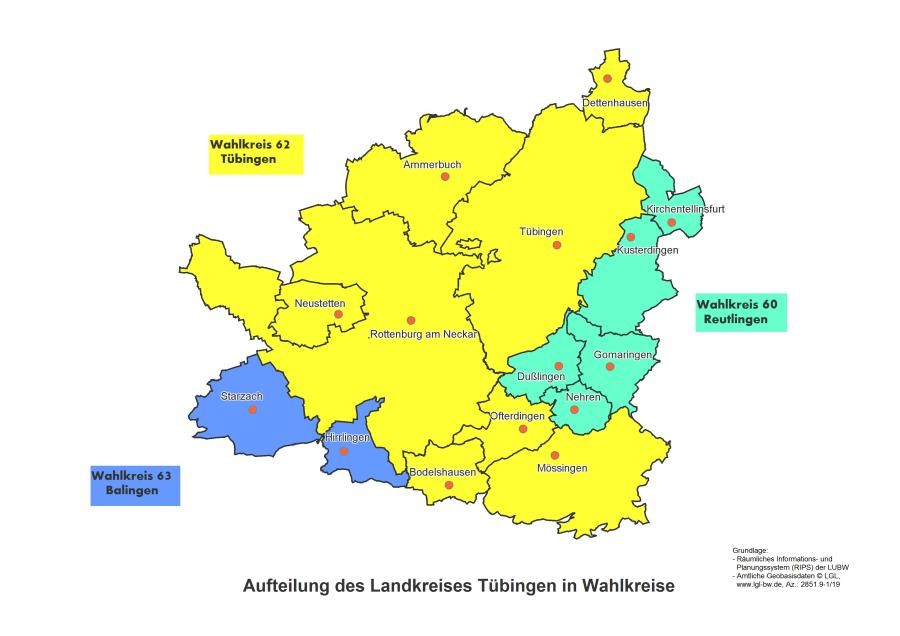 Karte mit Einzeichnung der zugehörigen Gemeinden und der Einteilung in Wahlkreise