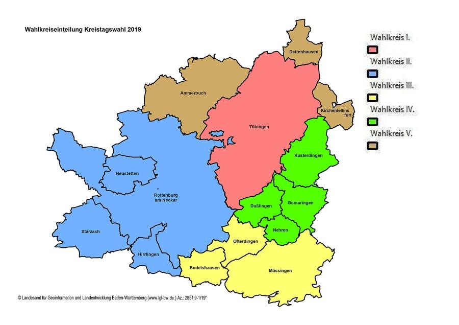 Karte mit den Gemeinden im Landkreis Tübingen und der Einteilung in fünf Wahlkreise