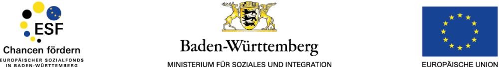 Drei Logos in Reihe: Beschriftung "ESF, Chancen fördern, Europäischer Sozialfonds in Baden-Württemberg", "Ministerium für Soziales und Integration Baden-Württemberg", "Europäische Union"