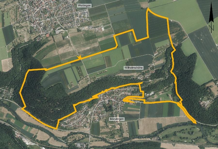 Luftbild der Landschaft (Ortophoto), mit dem Umriss des Untersuchungsgebiets Starzach-Börstingen (Wilhelmshöhe)