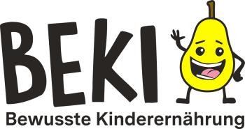 BEKI Logo mit Beschriftung: "BEKI Bewusste Kinderernährung " mit Zeichnung einer winkenden, lachenden Birne