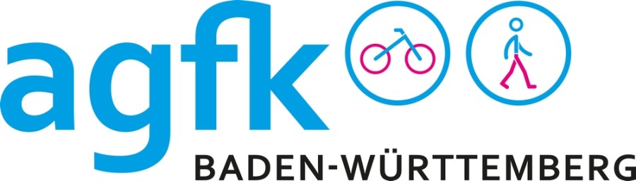 Logo mit Beschriftung "agfk Baden-Württemberg", zwei Kreise mit Symbol Fahrrad und Symbol Fußgänger