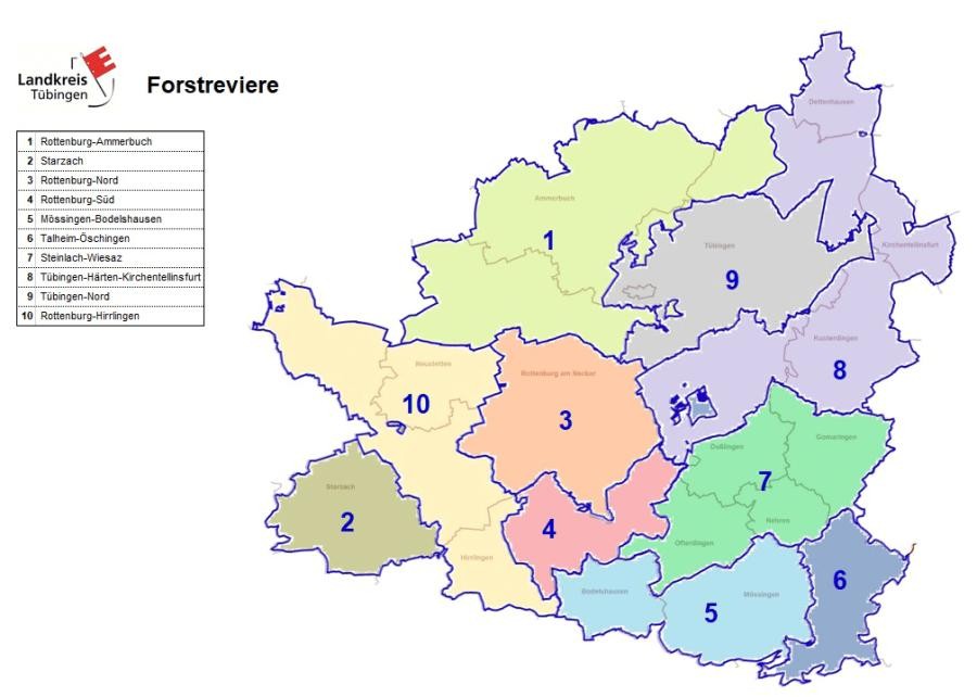 Karte des Landkreises Tübingen, mit Darstellung der Gebietseinteilung der zehn Forstreviere