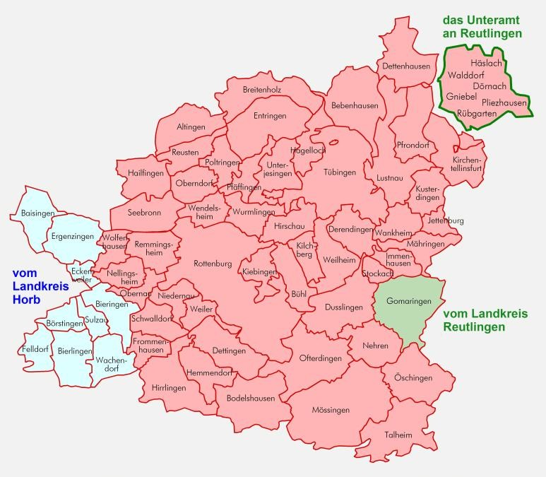 Karte des Landkreises Tübingen, eingezeichnet sind alle seit der Kreisreform 1973 zugehörigen Ortschaften, gekennzeichnet sind die Ortschaften im Westen die vom Landkreis Horb dazu kamen und die Ortschaften im Osten die vom Landkreis Reutlingen dazukamen bzw. an den Landkreis Reutlingen zugeordnet wurden