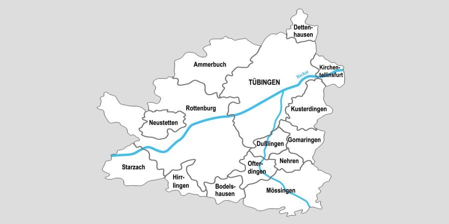 Vereinfachte Karte mit dem Umriss des Landkreises Tübingen und den eingetragenen Gebieten der Gemeinden und Städte, der Verlauf des Neckars und der Steinlach ist zu sehen