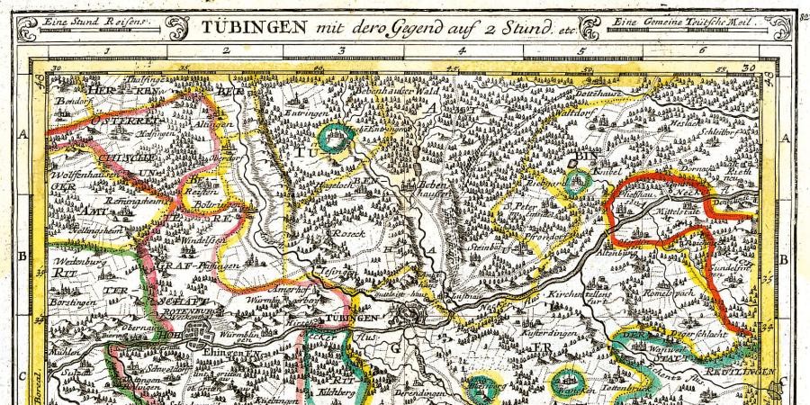 Ausschnitt einer Landkarte von 1723, 1724 mit Eintragung von Grenzen der Territorien in der Gegend um Tübingen