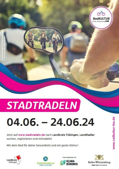Plakat mit Beschriftung "Stadtradeln, 04.06.-24.06.24", Fotomotiv mit Radler:innen