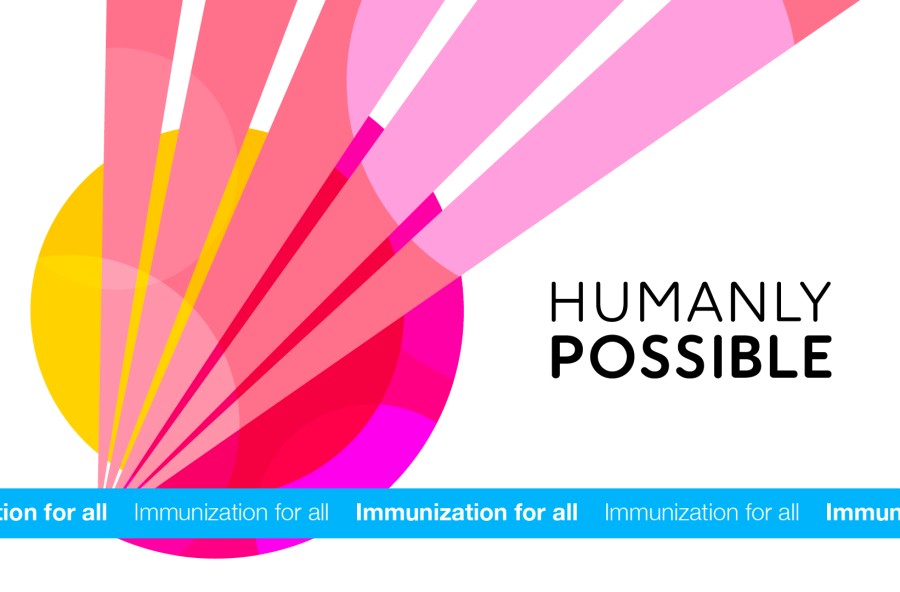 Grafische Darstellung aus überschneidenden Kreissegmenten und von einem Punkt ausgehenden Strahlen, Beschriftung (Englisch): "Humanly Possible, Immunization for all"