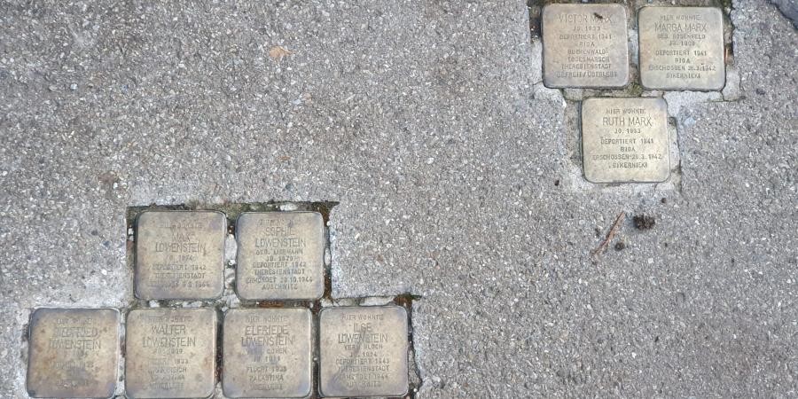Im Asphalt eines Gehwegs eingelassene Stolpersteine aus Messing, mit Namen und Daten beschriftet