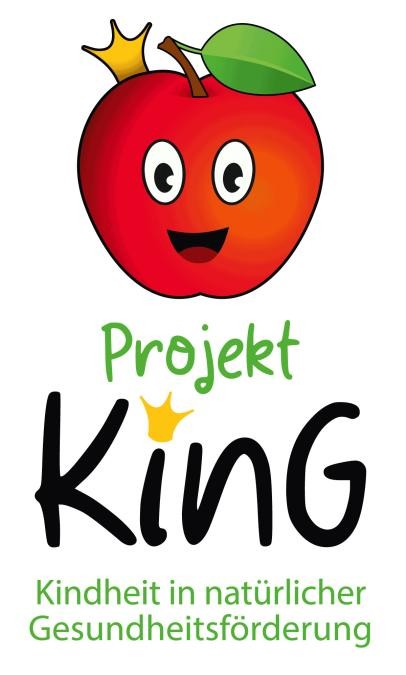 Logo mit Beschriftung: Projekt KinG,Kindheit in natürlicher Gesundheitsförderung, Symbl eines Apfels mit Gesicht und kleinem Krönchen