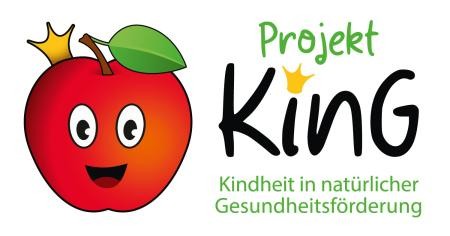 Logo mit Beschriftung: Projekt KinG, Kindheit in natürlicher Gesundheitsförderung, Symbol eines Apfels mit Gesicht und kleinem Krönchen