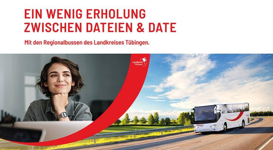 Werbebanner für den Kreisbus: "Ein wenig Erholung zwischen Dateien & Date", eine Frau die ruhig in die Ferne blickt, ein Bus im Kreisbusdesign auf einer Straße