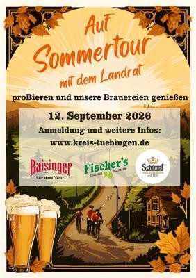Ein KI-generiertes Bild, in dem alle Infos zur Sommertour stehen. Im Hintergrund ist eine aufgehende Sonne mit einer Serpentinstraße zu sehen, auf der ein paar Personen Fahrradfahren.