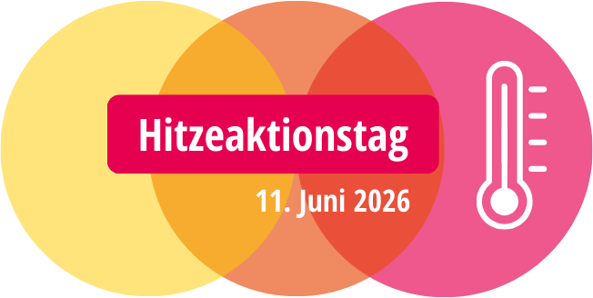 Logo, drei sich überlagernde Kreise von gelb nach Rot, darin Beschriftung "Hitzeaktionstag 11. Juni 2026" und Symbol Thermometer