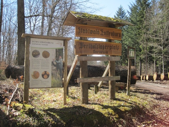 Bild zeigt eine Holzvorrichtung mit den Beschilderungen "Stadtwald Rottenburg" und "Wertholzlagerplatz Dornrain"  als Hinweis