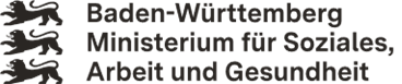 Logo mit Beschriftung "Baden-Württemberg, Ministerium für Soziales, Gesundheit und Integration", darüber das Wappen des Landes Baden-Württemberg, Schild mit drei Löwen und einer Wappenreihe historischer Landesteile, flankiert von Hirsch und Greif,