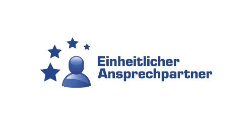 Kopf und Oberkörper einer Person, umgeben von vier Sternen in räumlich abnehmender Größe,  als Icon stilisiert, Beschriftung "Einheitlicher Ansprechpartner"