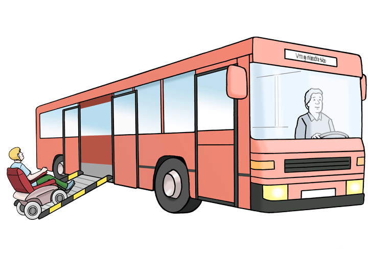 Roter Bus mit einer Rampe. Eine Person im Rollstuhl fährt über die Rampe in den Bus.