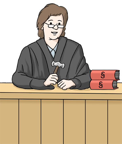 Richterin hält einen Hammer in der Hand. Vor ihr liegen Gesetzbücher.