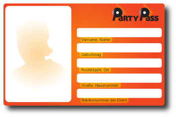 Abbildung einer Karte mit der Beschriftung "PartyPass", mit einem Feld für ein Passfoto und Feldern für Einträge wie Name, Anschrift und weiteres