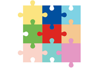 Puzzle mit neun Teilen, angeordnet im Quadrat